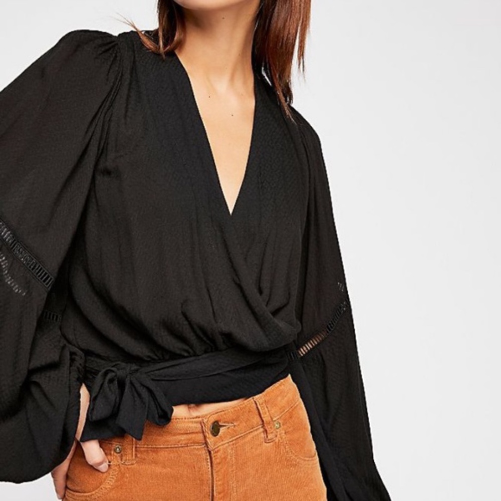 Free People Black Wrap L/S Rayon Top S